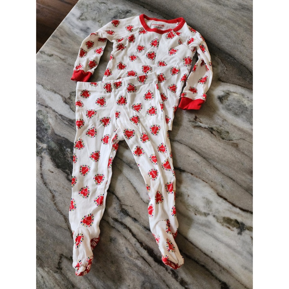 Magnetic Me Organic Cotton Heart Pajama Set 12-18M Red‎ White Footed PJ 2pc